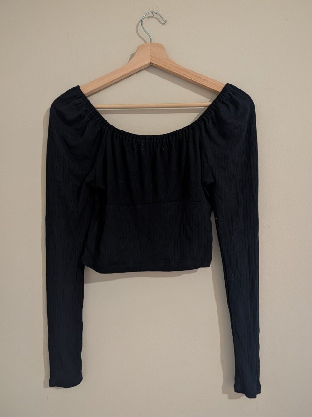 Madewell Ribbed Cropped Long Sleeve Top Black Off Shoulder Tie Front Size S - Picture 3 of 9